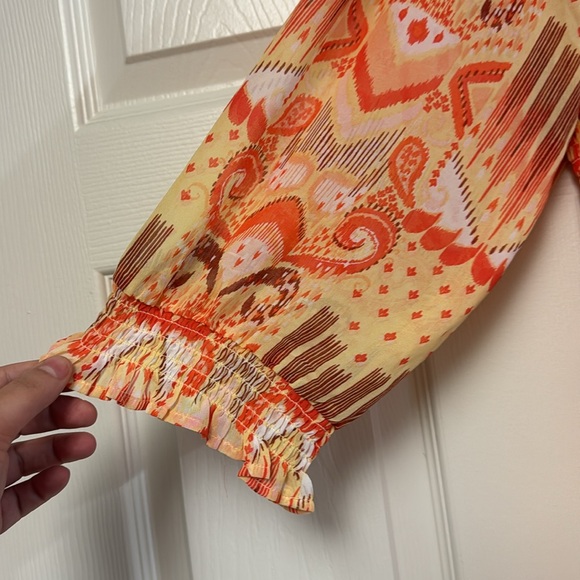 Torrid bright yellow orange Aztec print sheer 3/4 sleeve tunic top smocked 3X - Picture 4 of 8